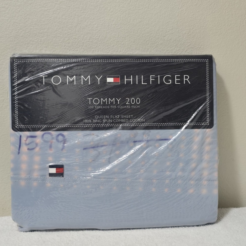 Vintage 90s Tommy Hilfiger Sky Blue Queen Flat Sheet Cotton New‎